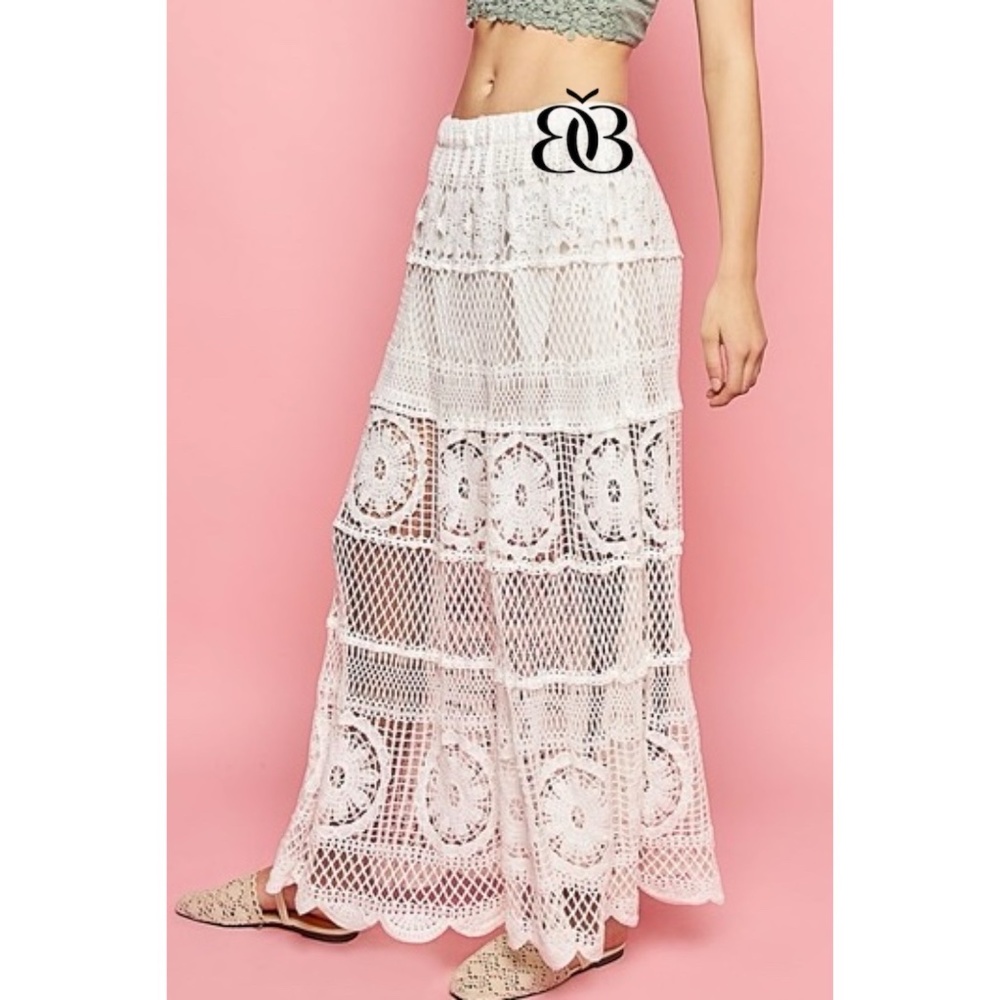 POL Off White Elastic Waist Crochet Flared Maxi Skirt - Picture 4 of 10